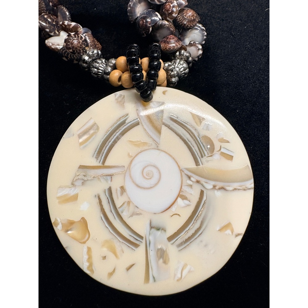 Boho Shell Inlay Statement Necklace Black Seed Bead Wood Tribal Pendant 22 Inch